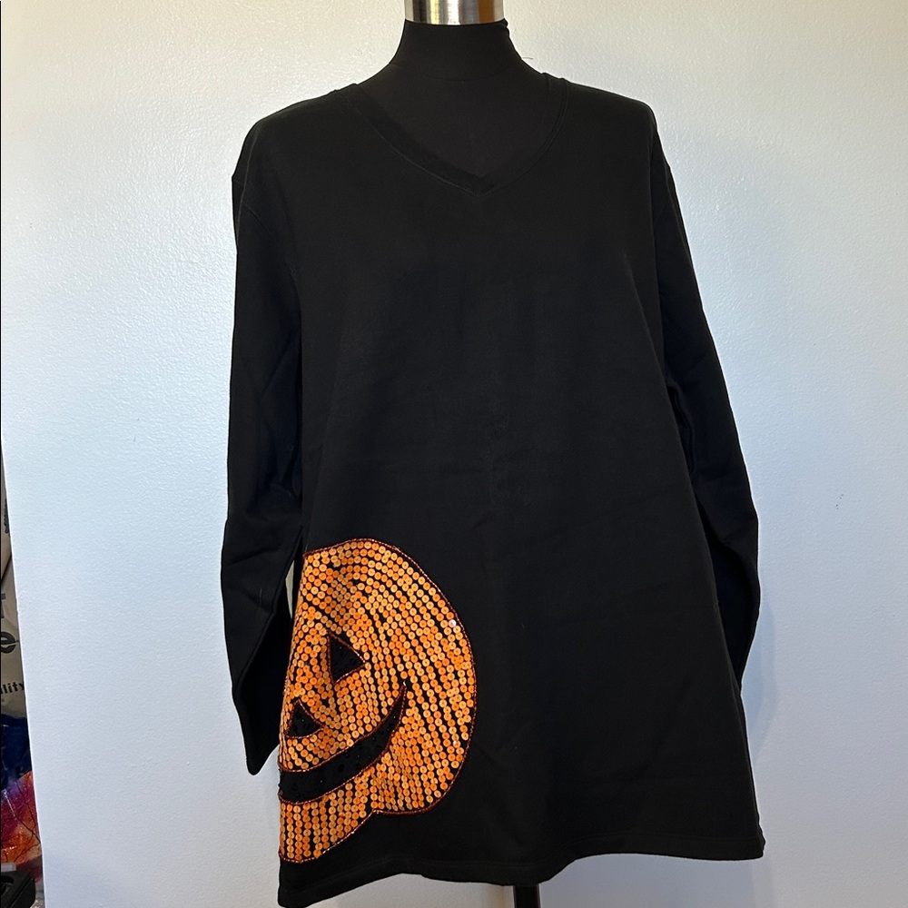 Black V-Neck Top with Orange Sequin Pumpkin